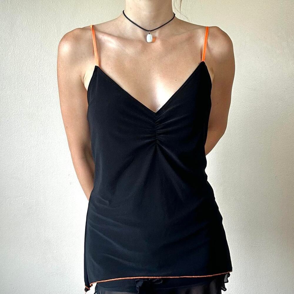 Vintage Asymmetrical Black and Orange Flowy Goth Fairy Cami Top - Large